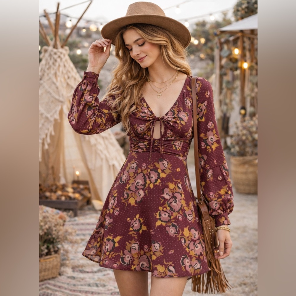 💗 Free People NWT Morning Light Mini Dress in Purple Combo Size 0